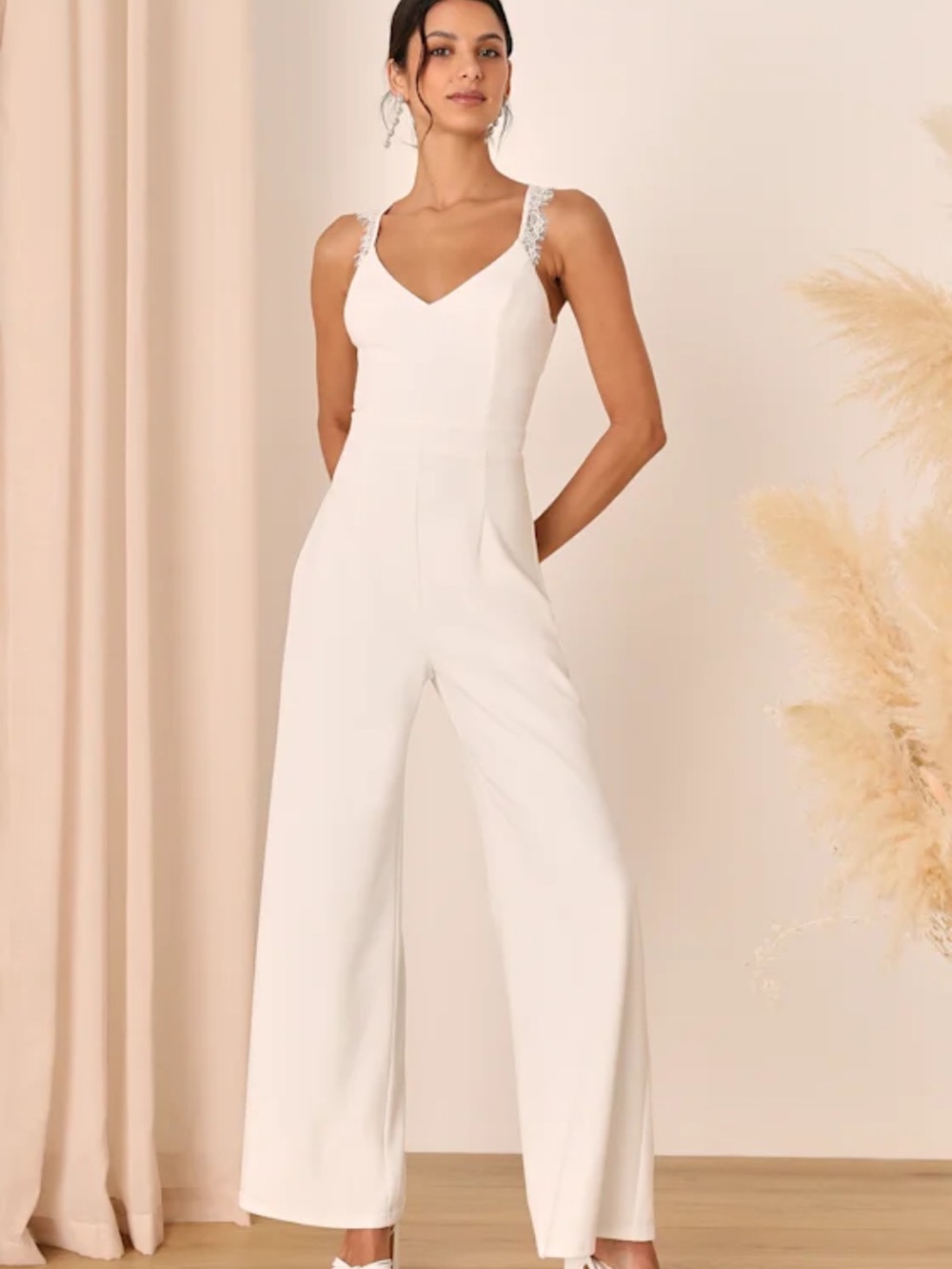 Lulus Love Your Heart Ivory White Lace Wide Leg Jumpsuit XL NWT